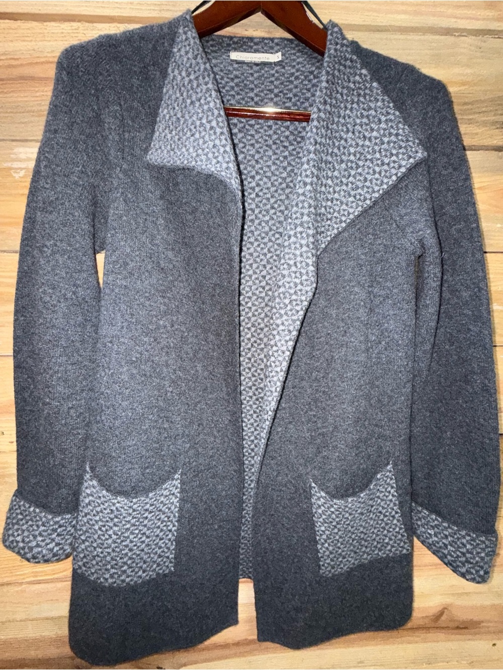 Women's Chiaramente Gray Patterned Open-Front Wool Cardigan, Small